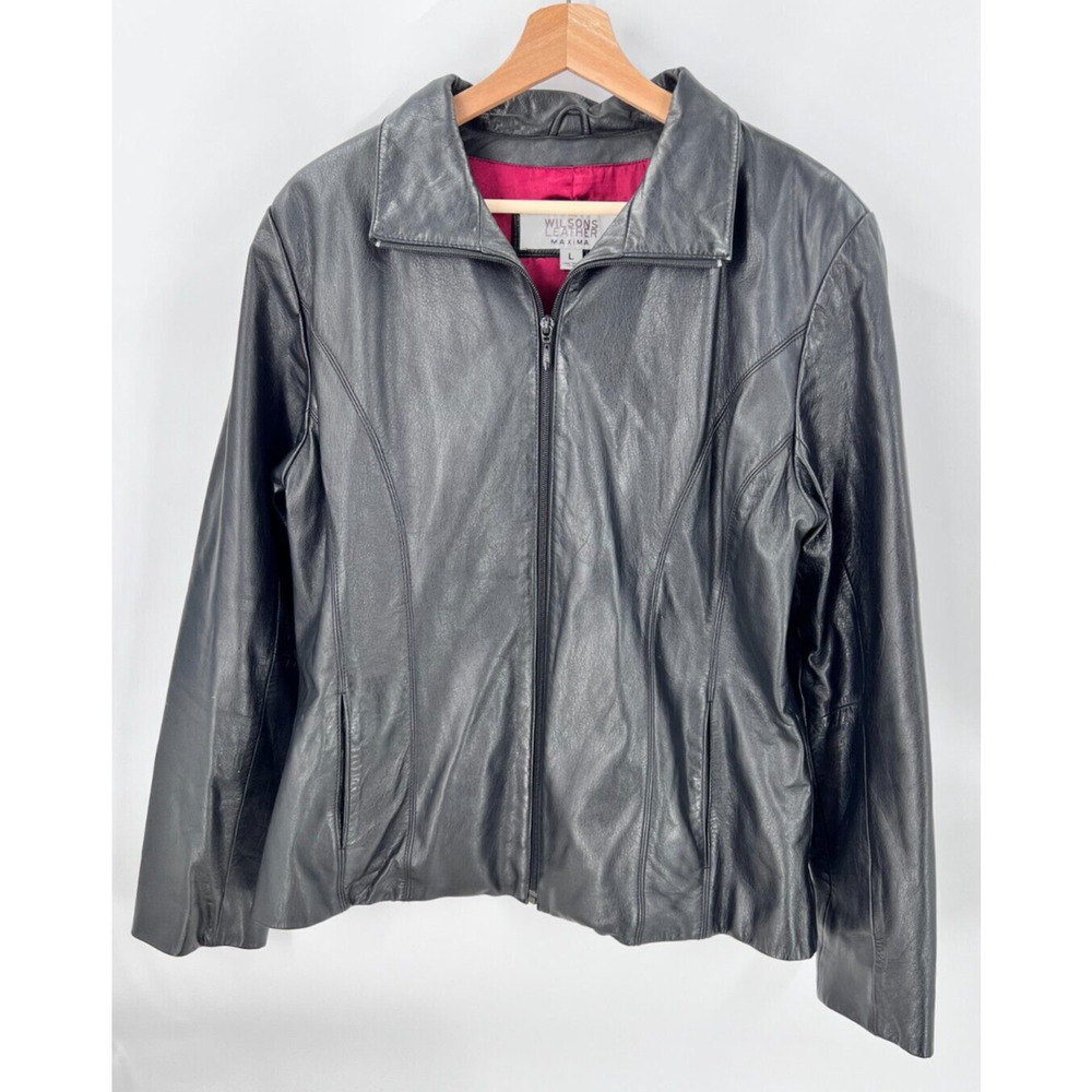 Wilsons Leather Maxima Black Leather Moto Jacket Full Zip Lined Women's Large